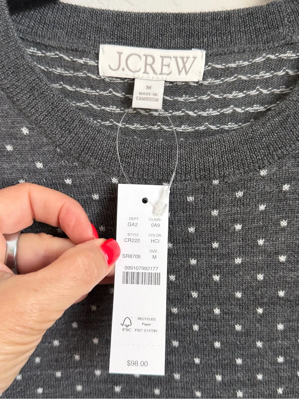 NWT J.Crew Carolyn Fitted Merino Wool Polka Dot Sweater Gray Medium $98